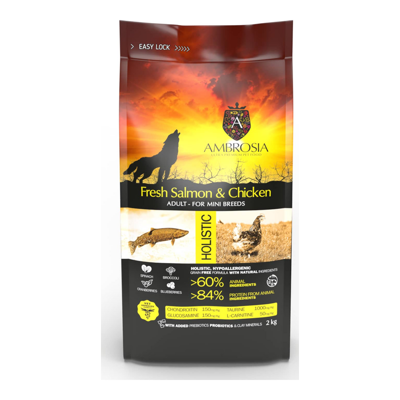 Ambrosia Grain Free Adult Mini Fresh Salmon & Chicken – Ξηρά Τροφή Σκύλου 2kg