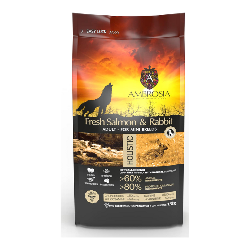 Ambrosia Grain Free Adult Mini Sensitive Fresh Salmon & Rabbit – Ξηρά Τροφή Σκύλου 1.5kg