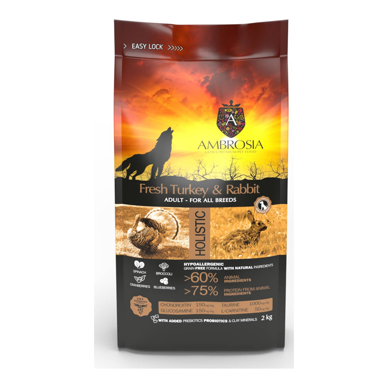 Ambrosia Grain Free Adult Sensitive Fresh Turkey & Rabbit – Ξηρά Τροφή Σκύλου 2kg